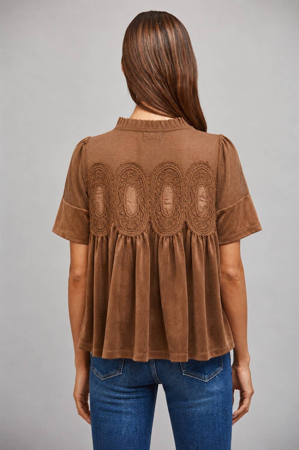 SHEER MESH UPPER PANEL WITH LACE APPLIQUE FAUX SUEDE TOP