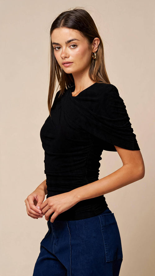 Asymmetrical Ruched Mesh Top