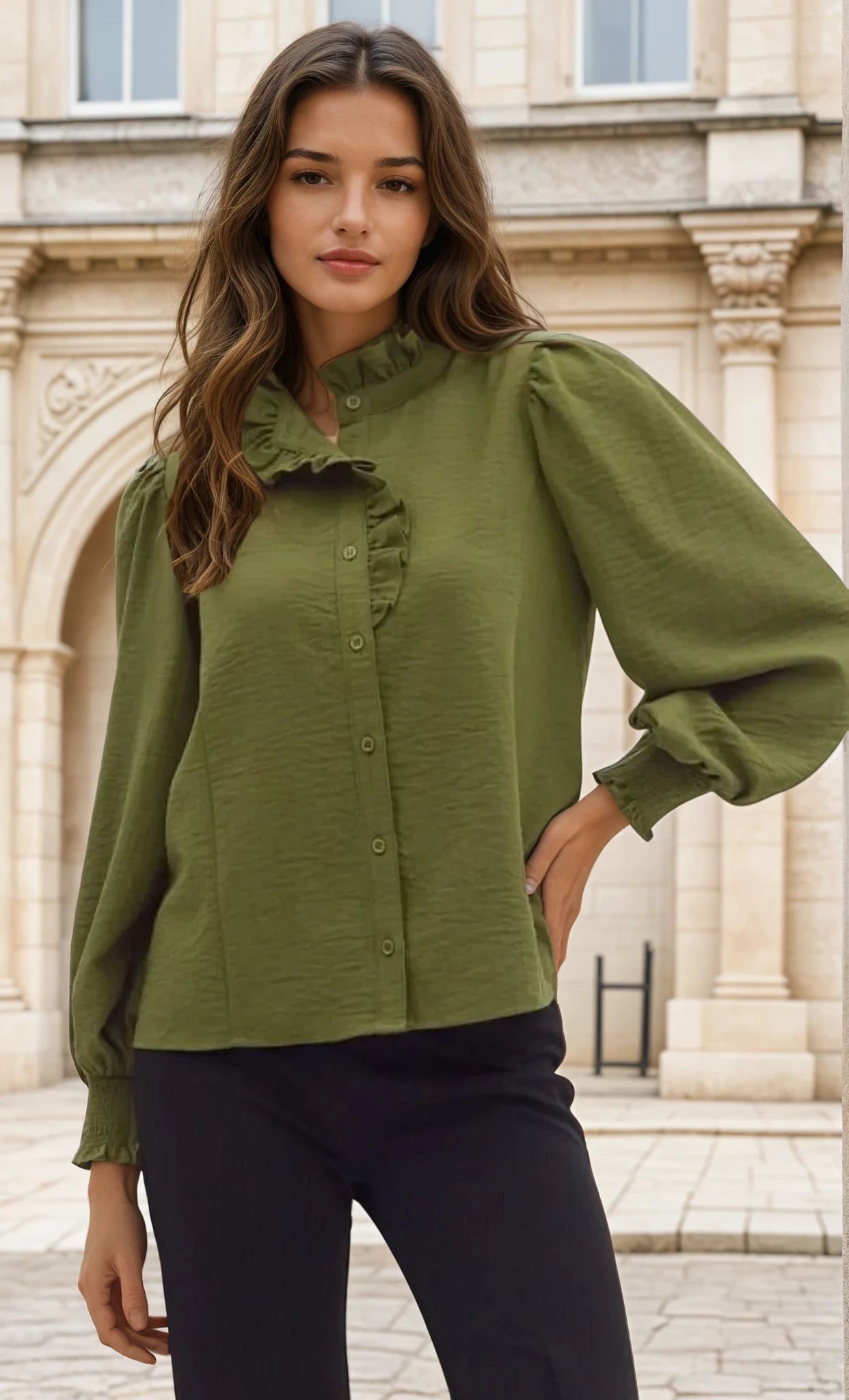 Long sleeve blouse in olive