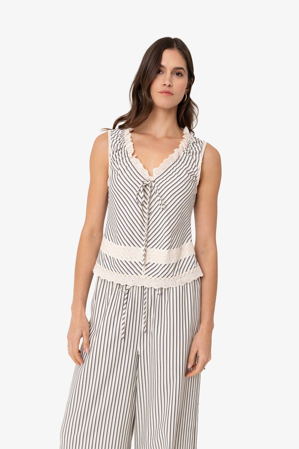 Anais Stripe Cotton Broderie Frill Top