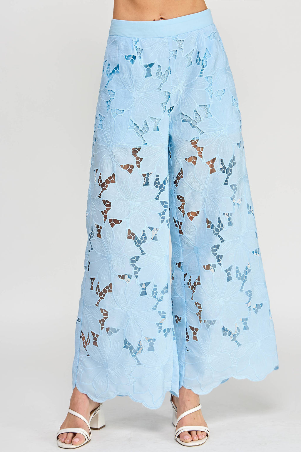 FLORAL LACE WIDE-LEG PANTS-SKY BLUE