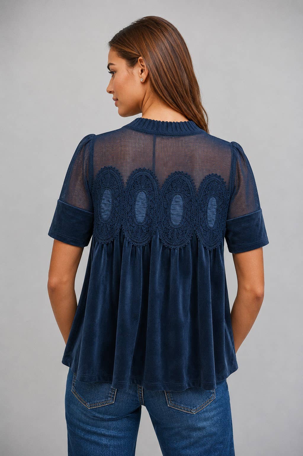 SHEER MESH UPPER PANEL WITH LACE APPLIQUE FAUX SUEDE TOP