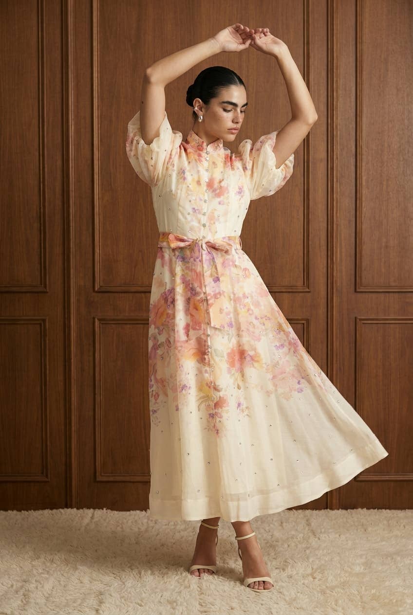 Embellished Floral Puff Sleeve Midi Dress