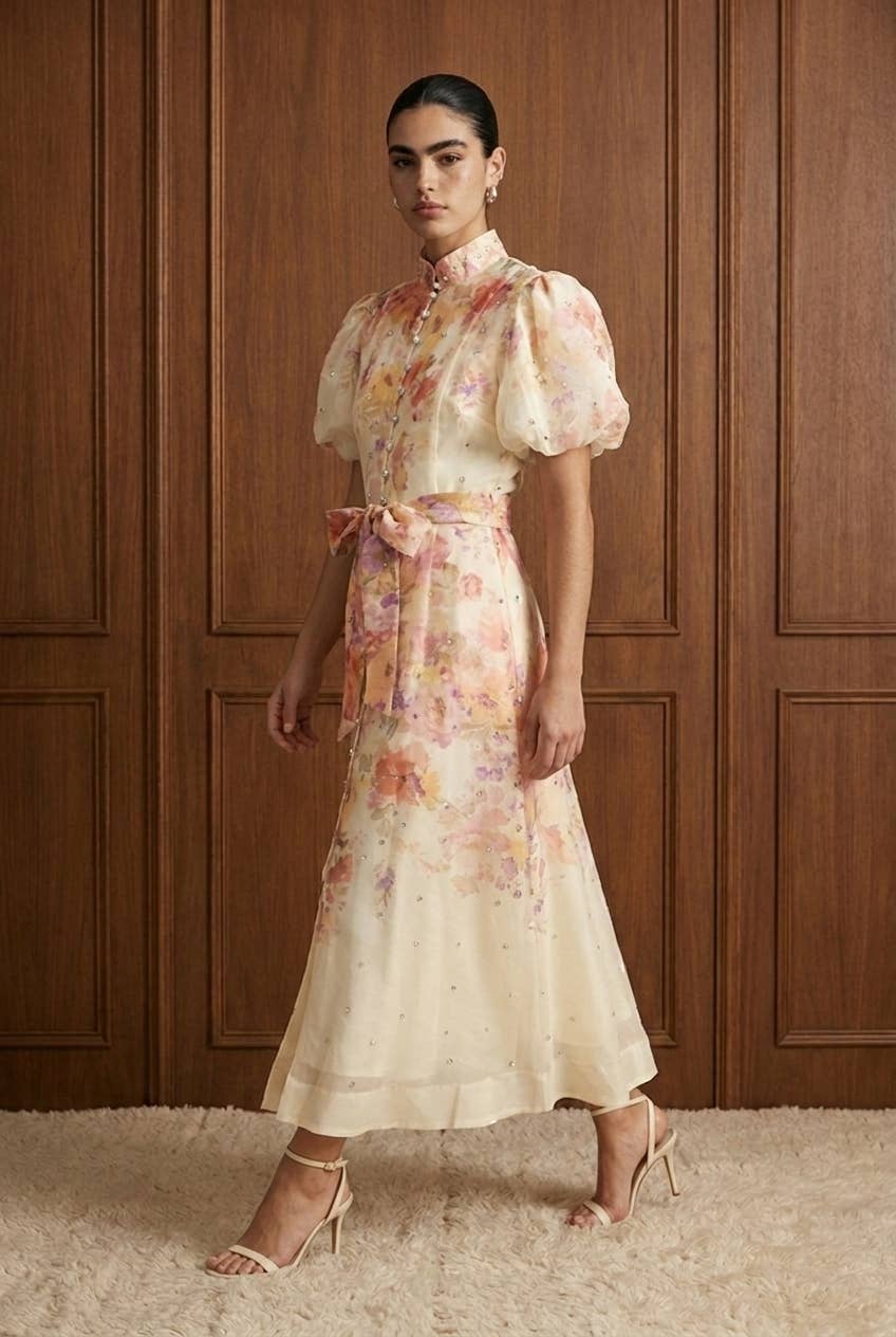 Embellished Floral Puff Sleeve Midi Dress