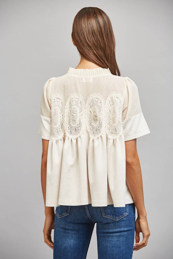 SHEER MESH UPPER PANEL WITH LACE APPLIQUE FAUX SUEDE TOP