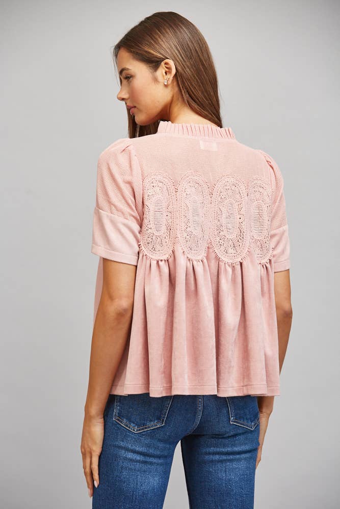 SHEER MESH UPPER PANEL WITH LACE APPLIQUE FAUX SUEDE TOP