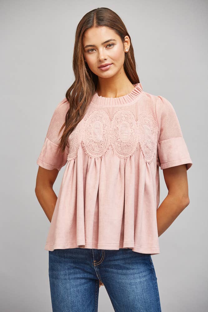 SHEER MESH UPPER PANEL WITH LACE APPLIQUE FAUX SUEDE TOP