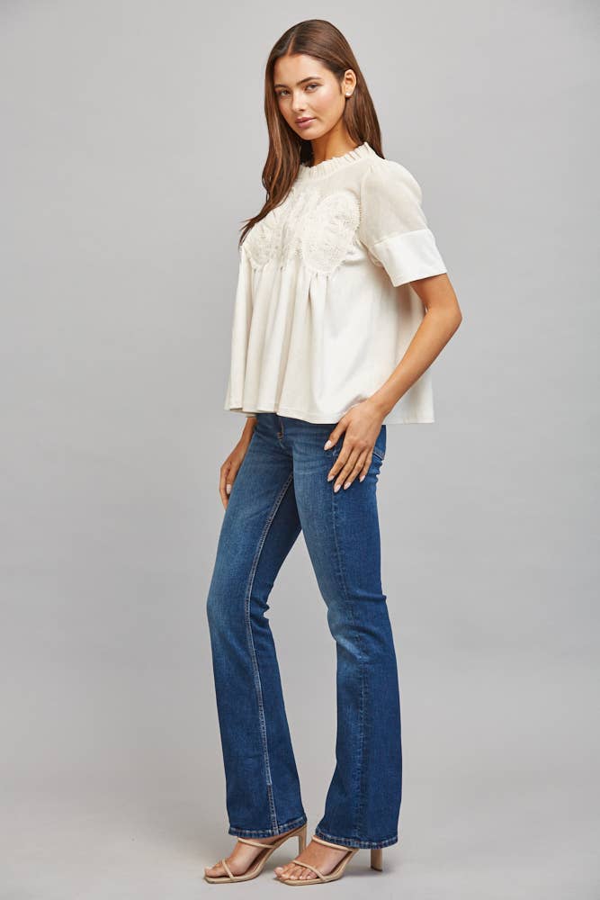 SHEER MESH UPPER PANEL WITH LACE APPLIQUE FAUX SUEDE TOP