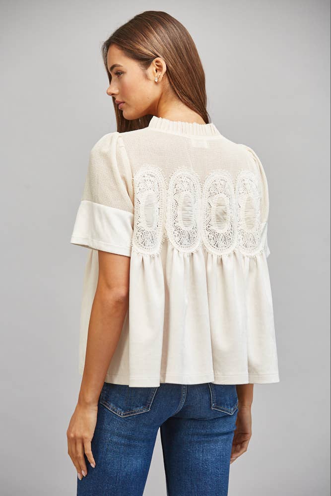 SHEER MESH UPPER PANEL WITH LACE APPLIQUE FAUX SUEDE TOP