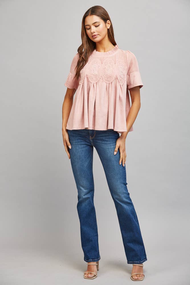 SHEER MESH UPPER PANEL WITH LACE APPLIQUE FAUX SUEDE TOP