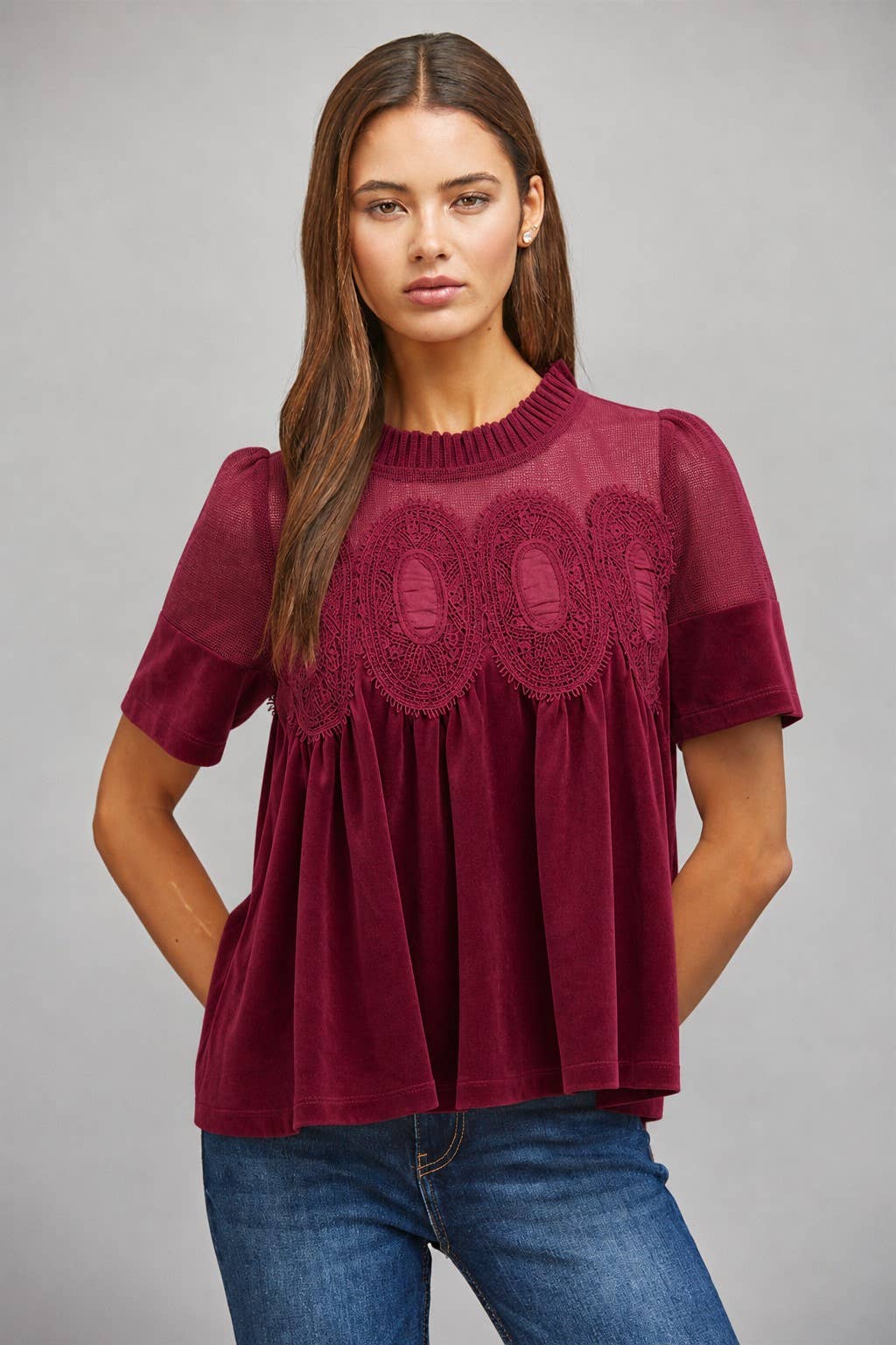 SHEER MESH UPPER PANEL WITH LACE APPLIQUE FAUX SUEDE TOP