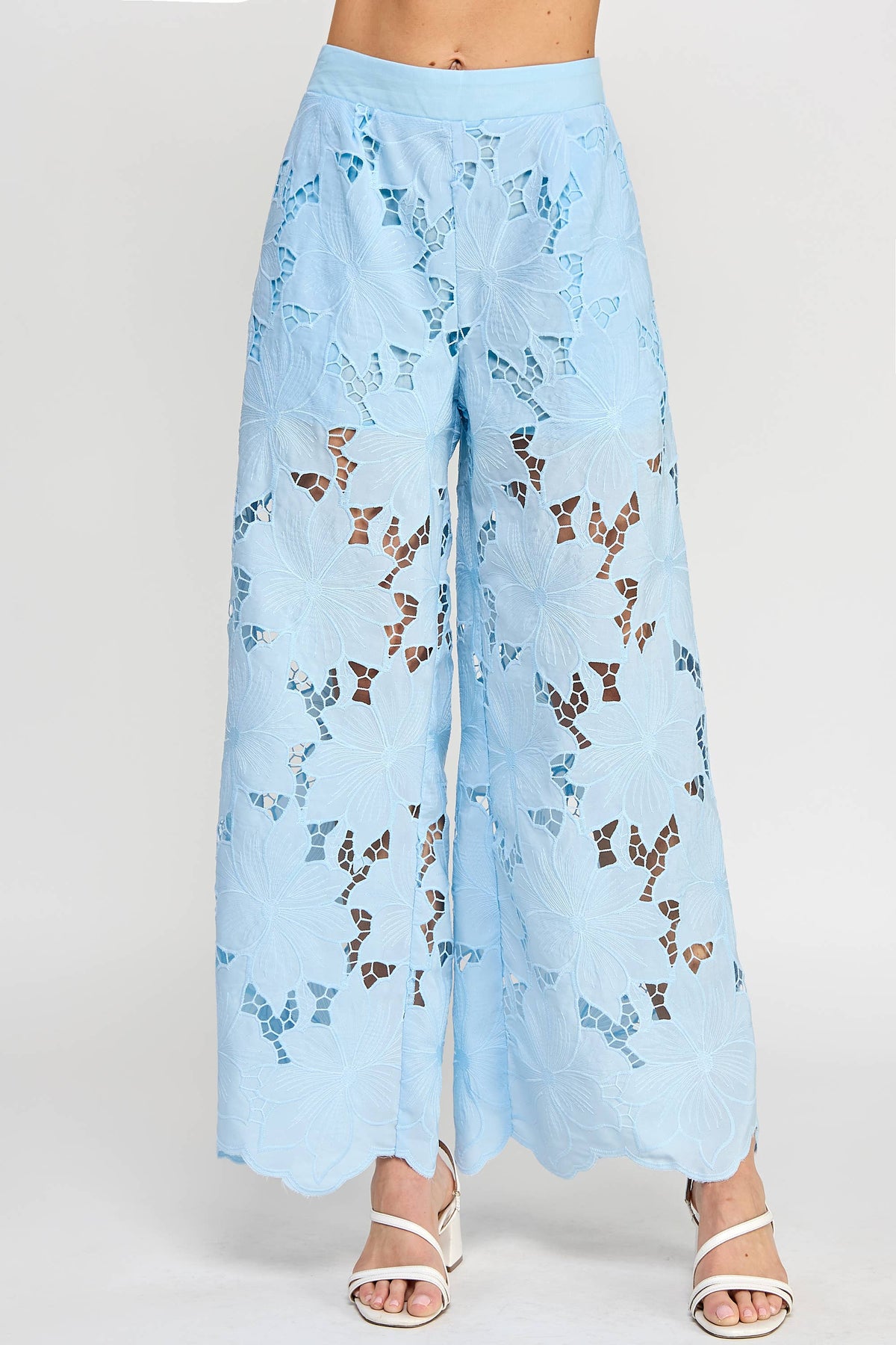 FLORAL LACE WIDE-LEG PANTS-SKY BLUE