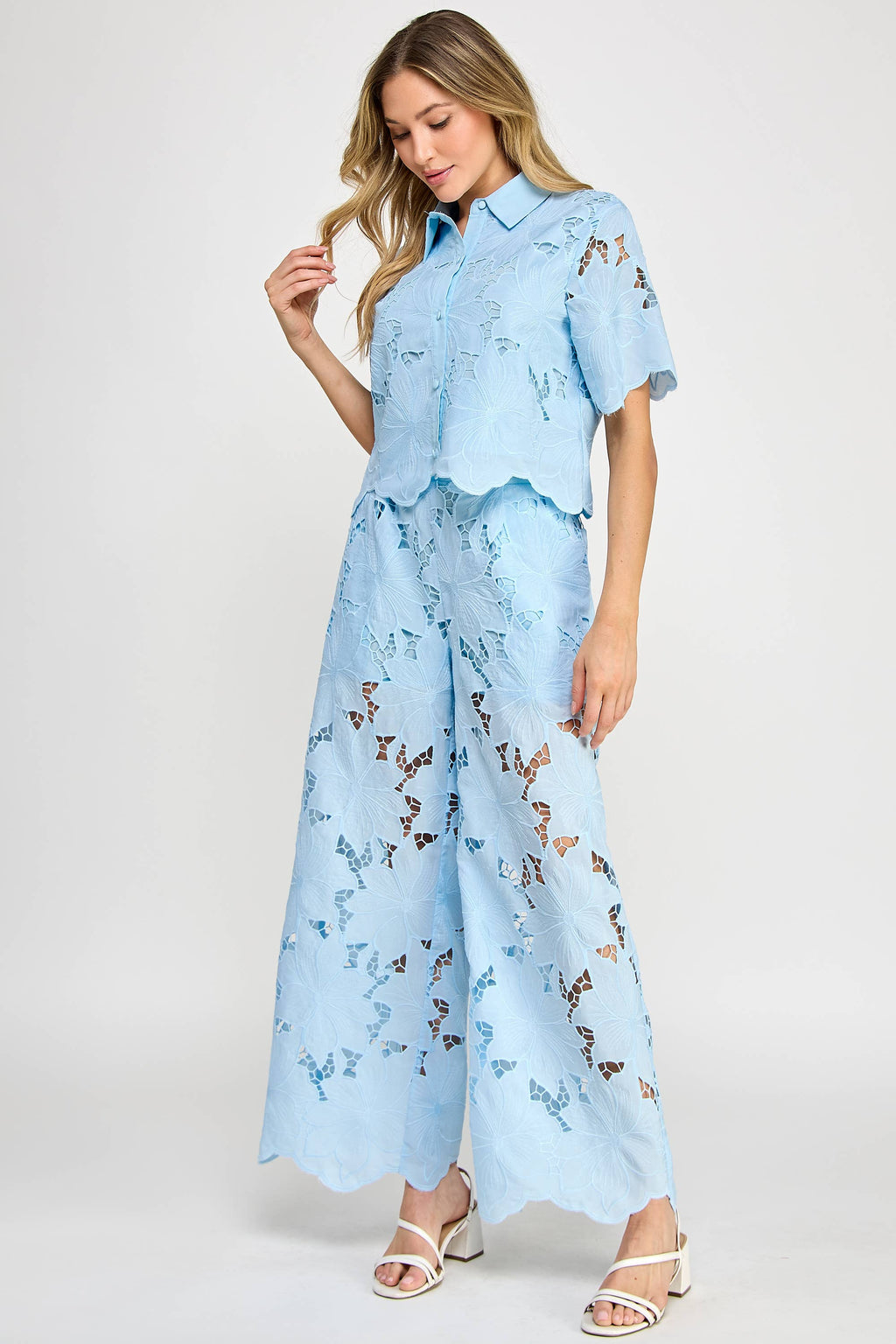 FLORAL LACE WIDE-LEG PANTS-SKY BLUE