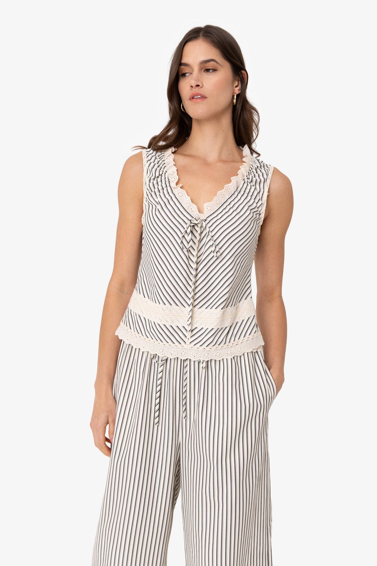 Anais Stripe Cotton Broderie Frill Top