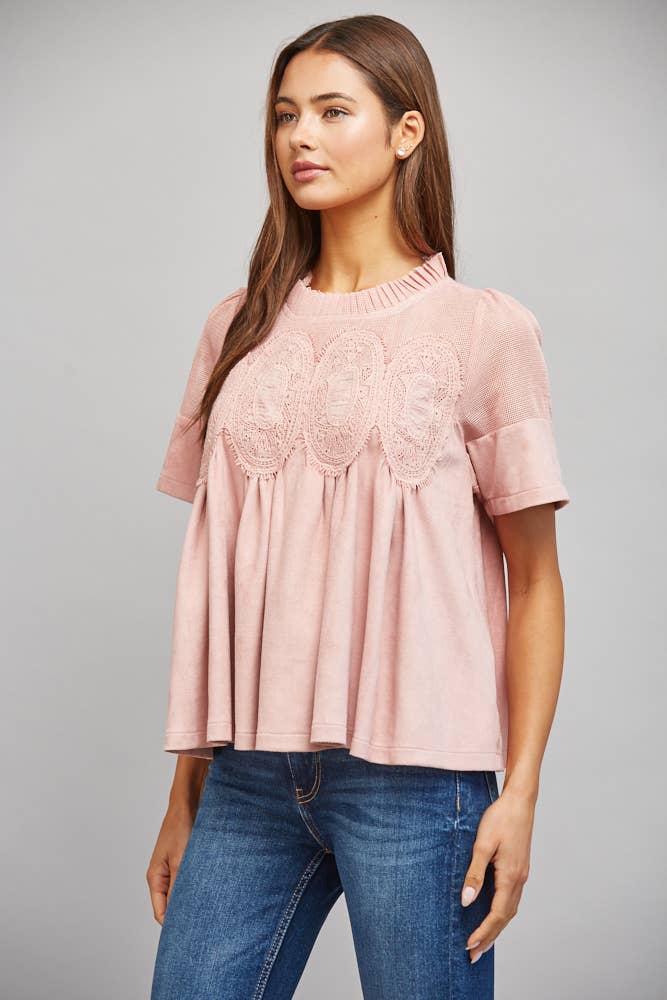 SHEER MESH UPPER PANEL WITH LACE APPLIQUE FAUX SUEDE TOP