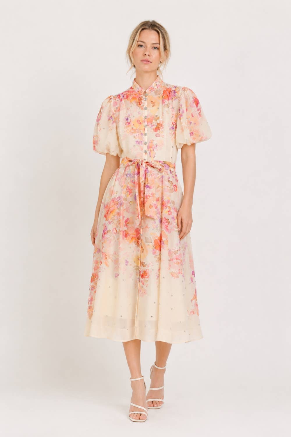 Embellished Floral Puff Sleeve Midi Dress