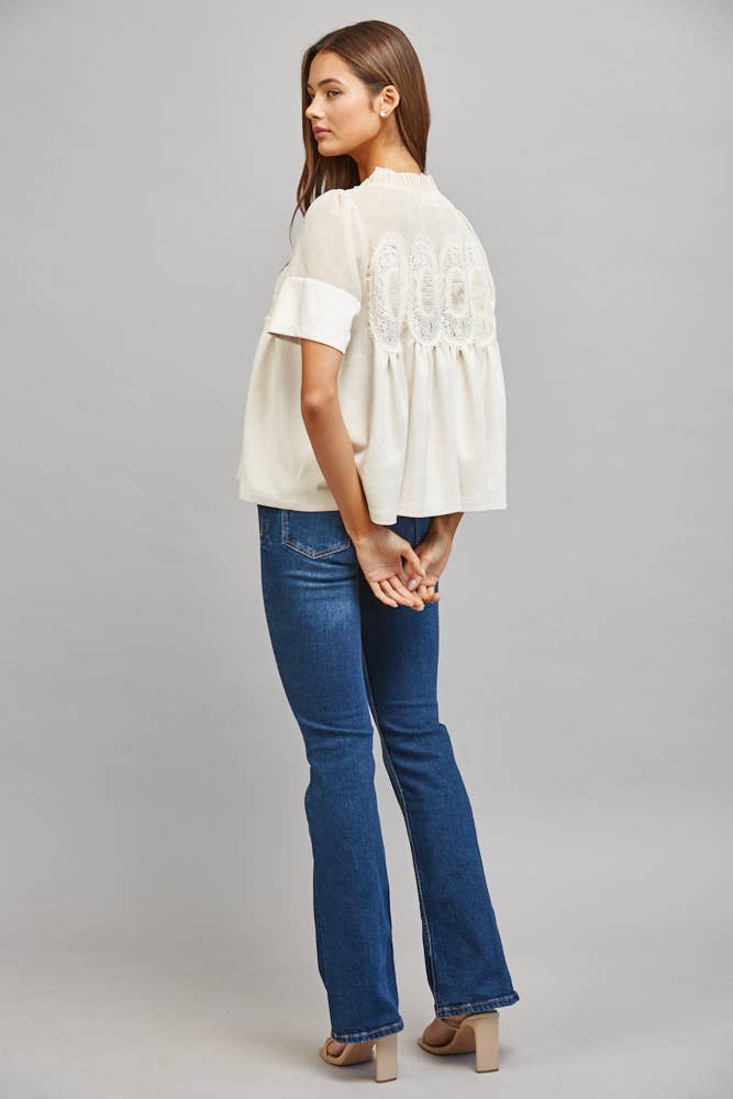 SHEER MESH UPPER PANEL WITH LACE APPLIQUE FAUX SUEDE TOP