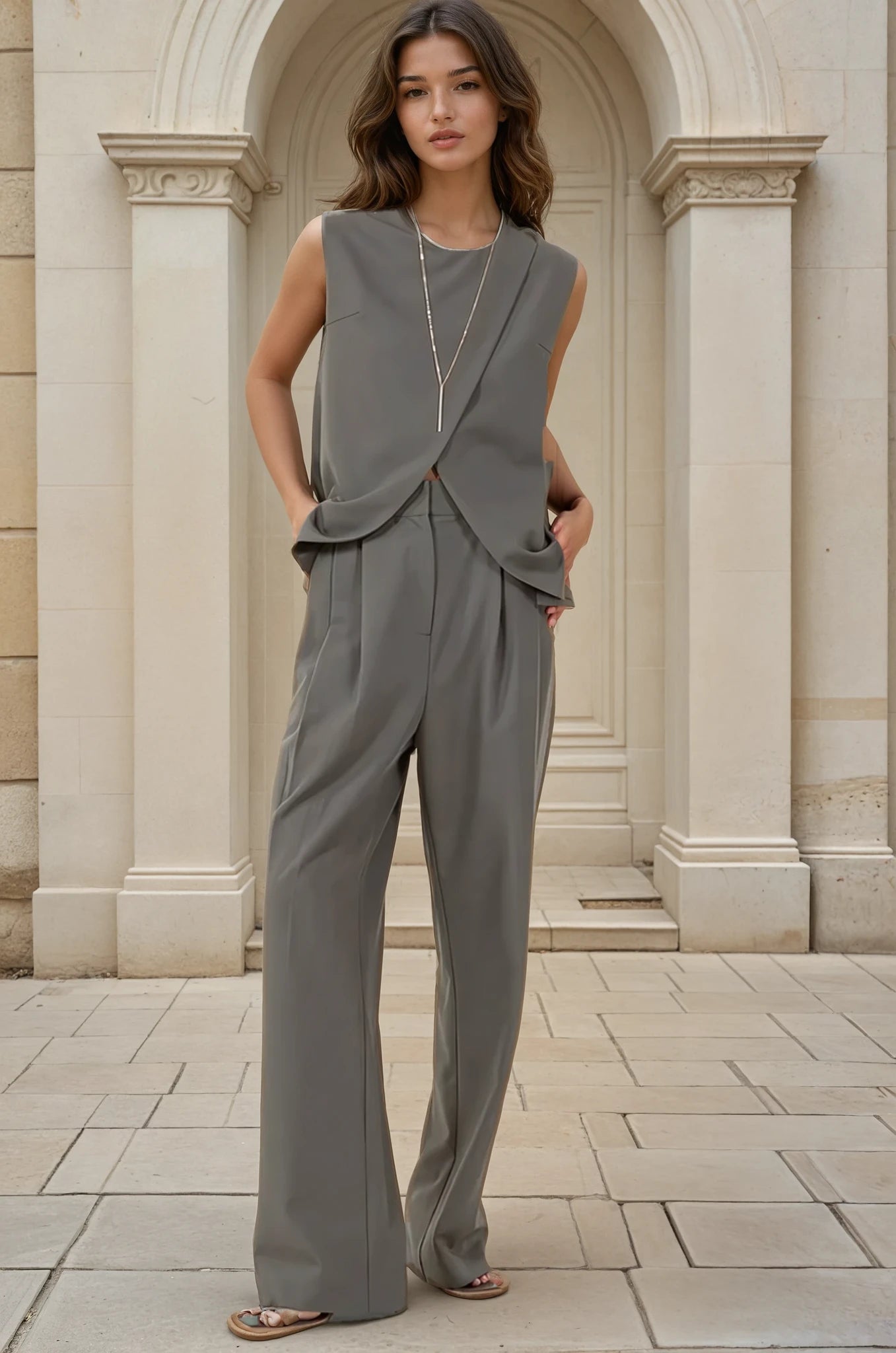 Woman wearing a gray jumpsuit standing in front of classical architecture.