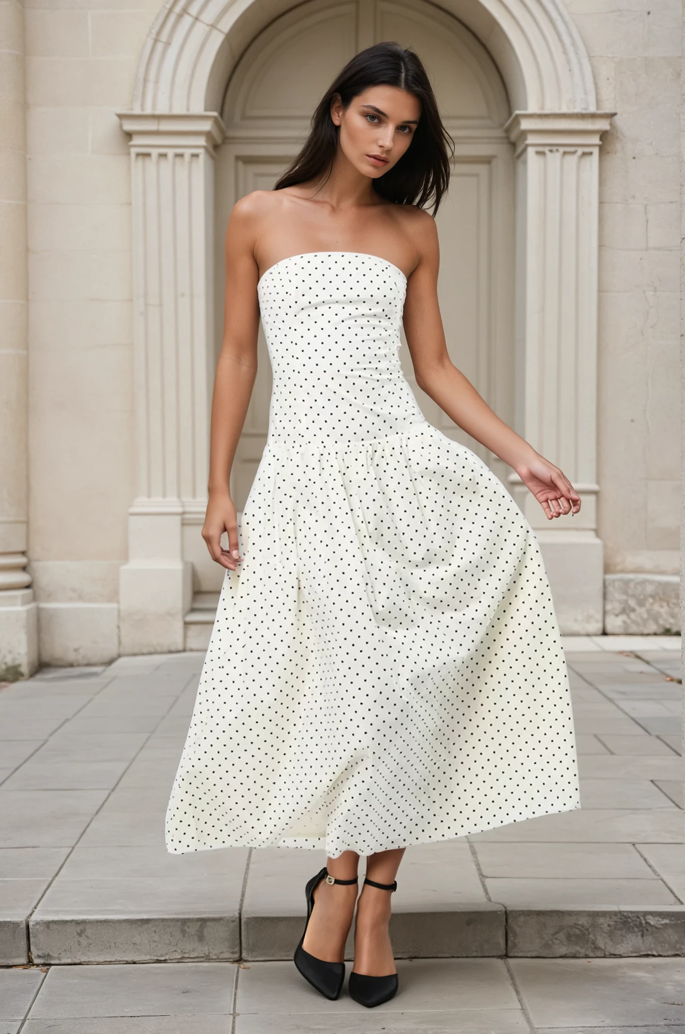 Woman wearing a white strapless dress with black polka dots standing in front of a stone archway.