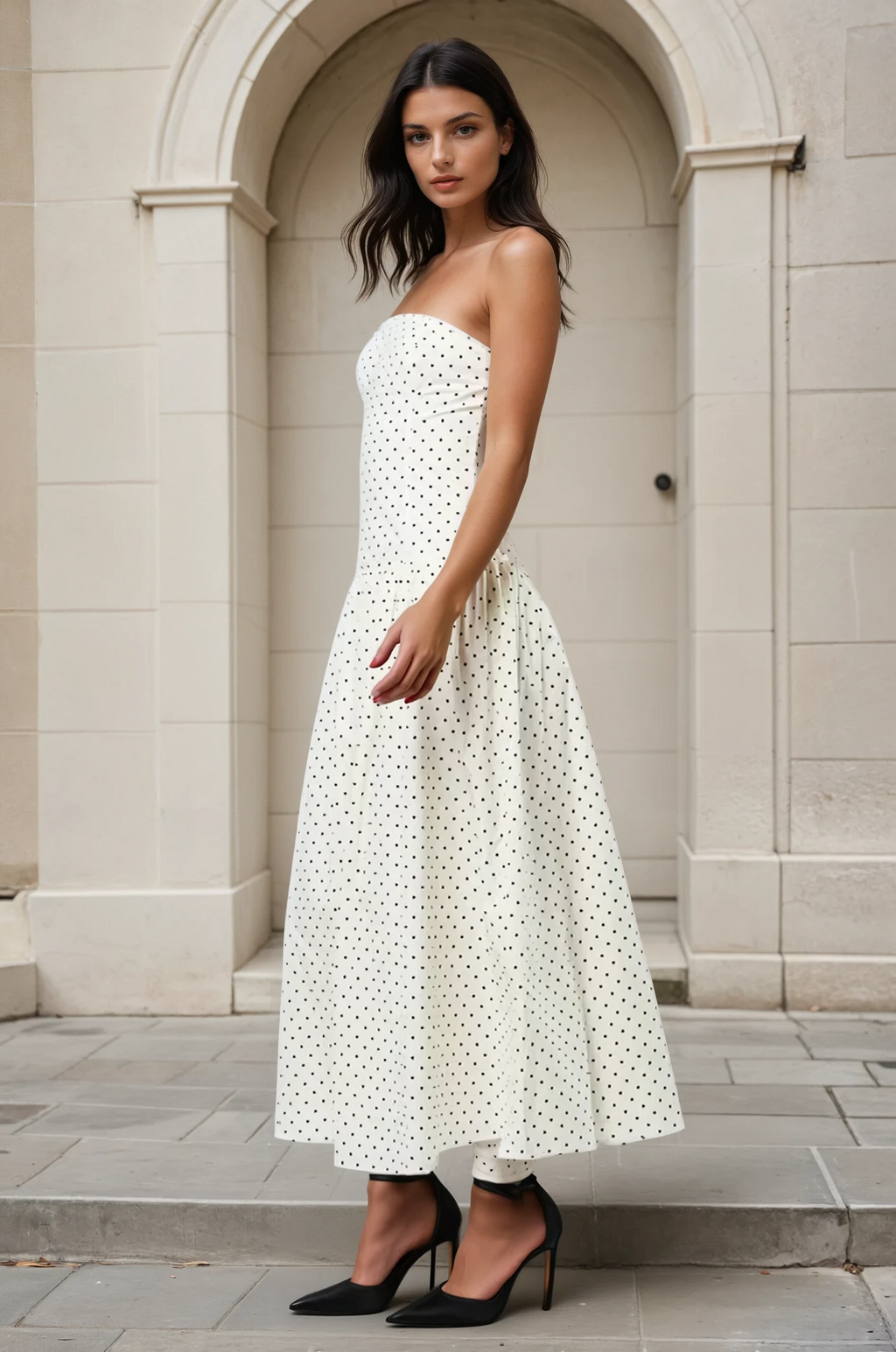Woman wearing a white strapless dress with black polka dots standing against a stone archway.