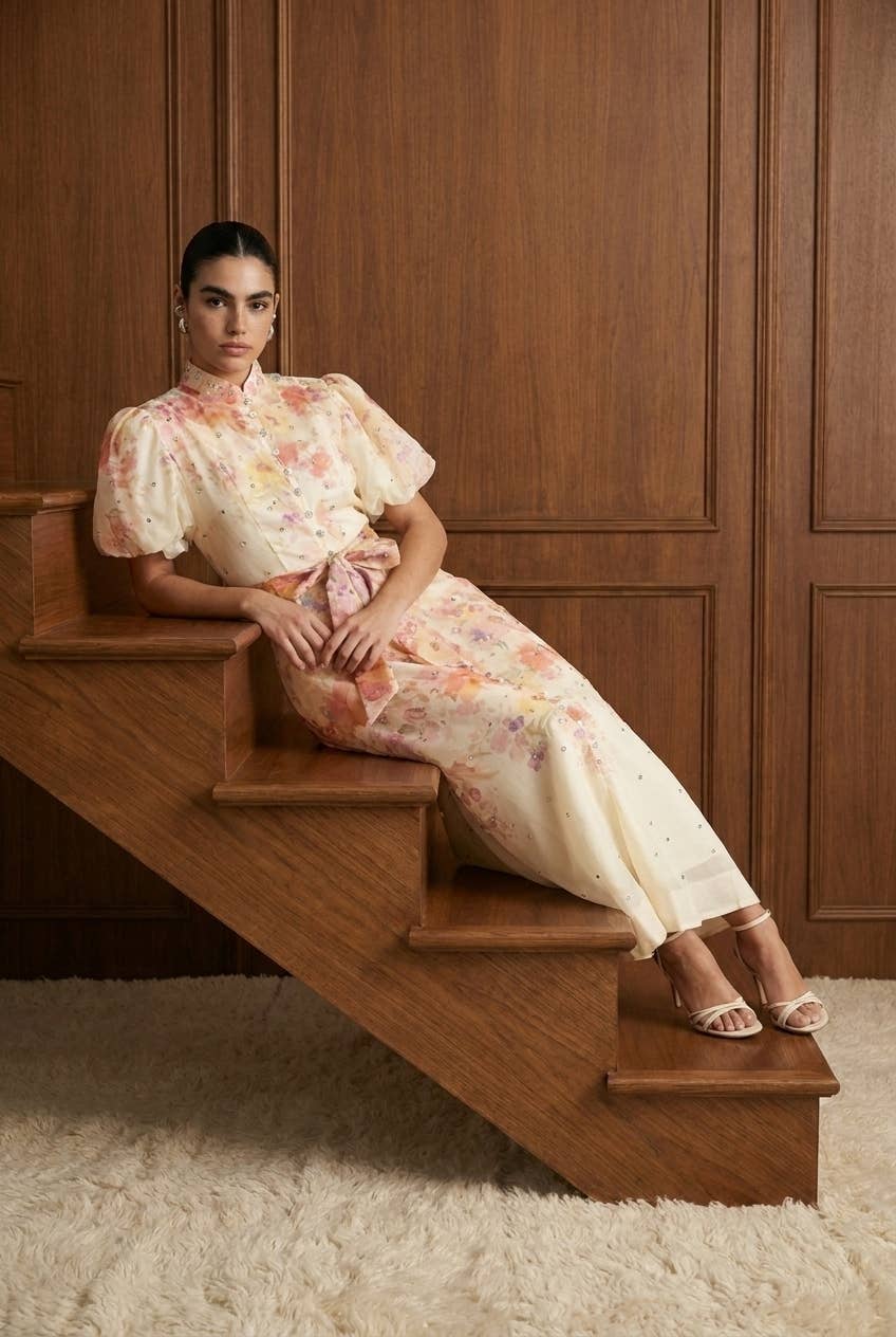 Embellished Floral Puff Sleeve Midi Dress