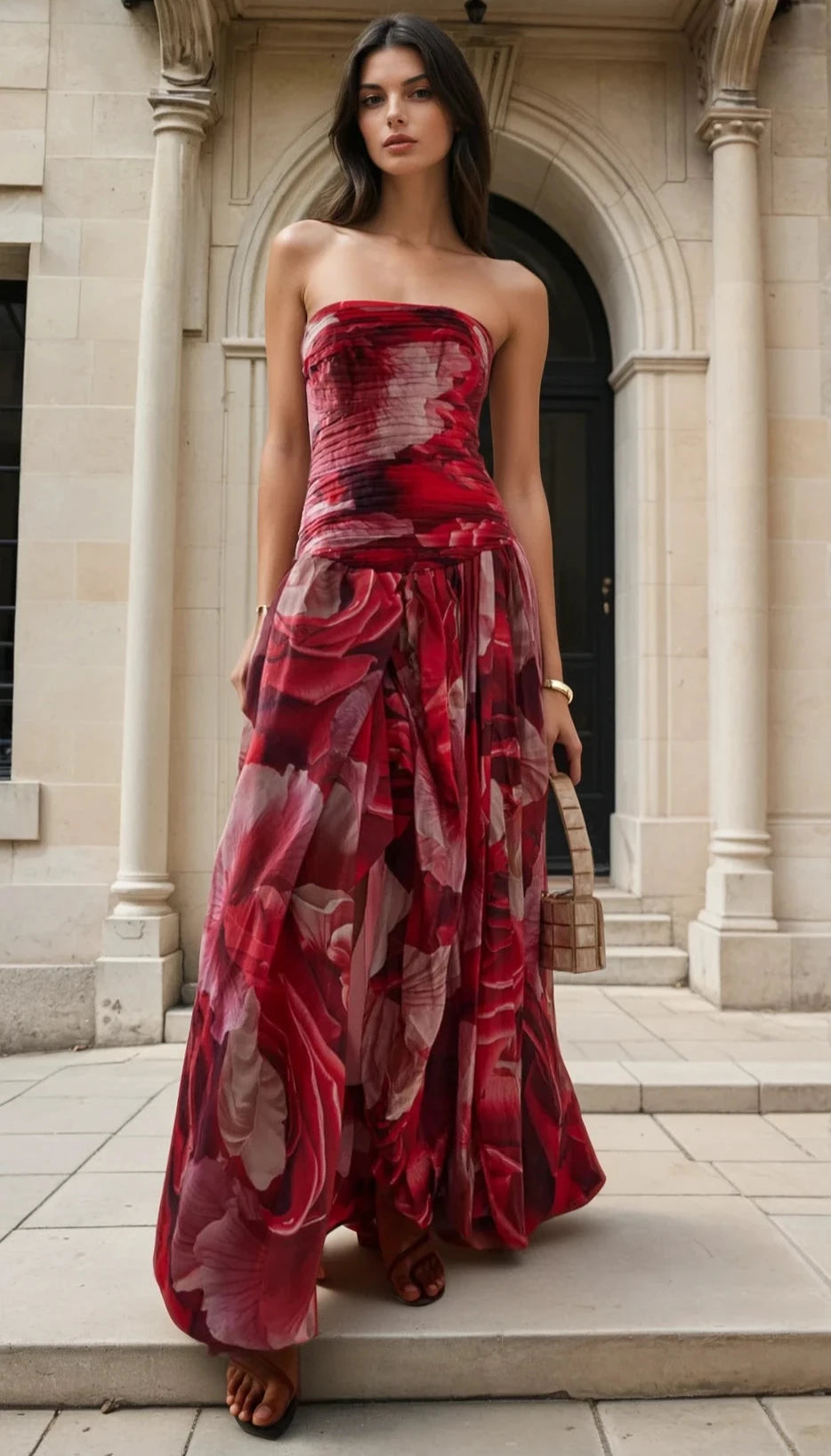 Woman in a strapless red floral dress standing in front of classical architecture.