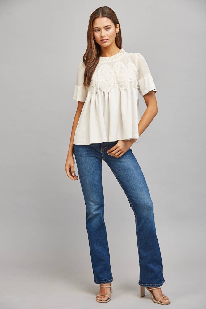 SHEER MESH UPPER PANEL WITH LACE APPLIQUE FAUX SUEDE TOP