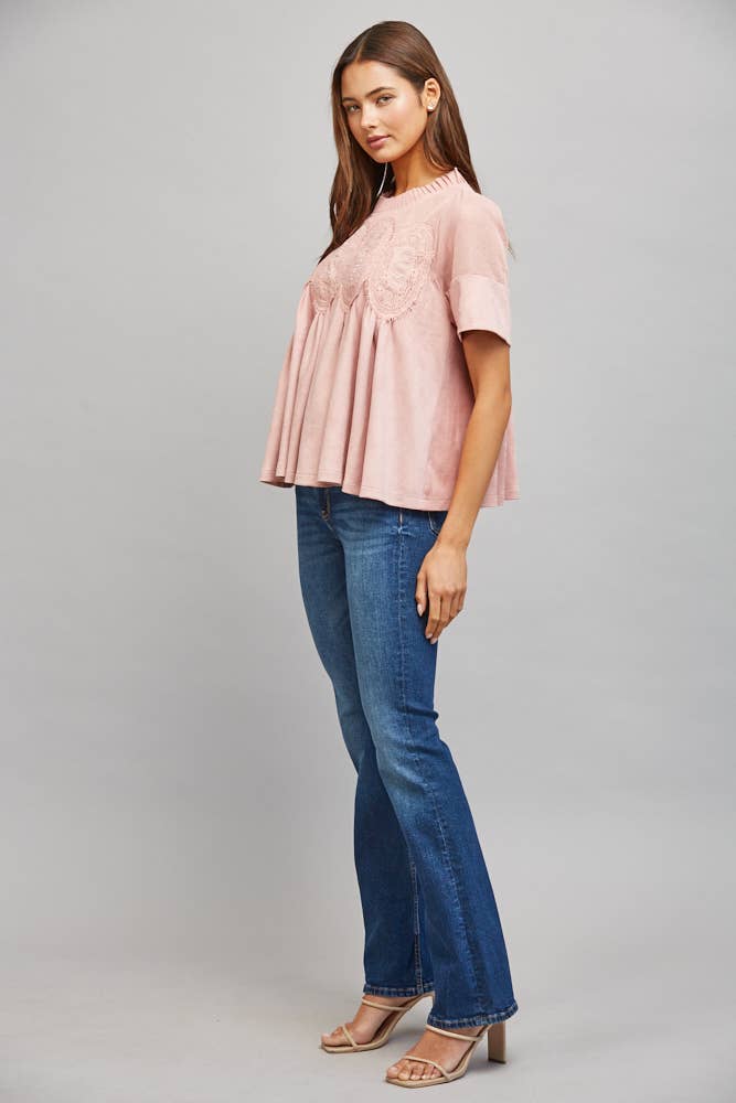SHEER MESH UPPER PANEL WITH LACE APPLIQUE FAUX SUEDE TOP