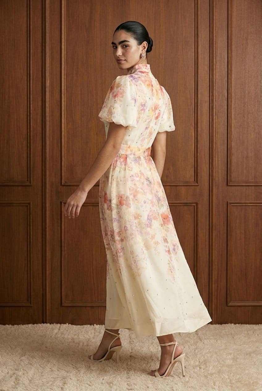 Embellished Floral Puff Sleeve Midi Dress