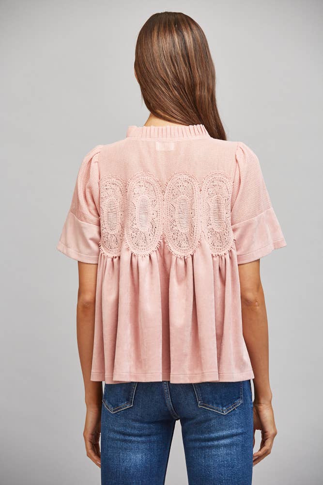 SHEER MESH UPPER PANEL WITH LACE APPLIQUE FAUX SUEDE TOP