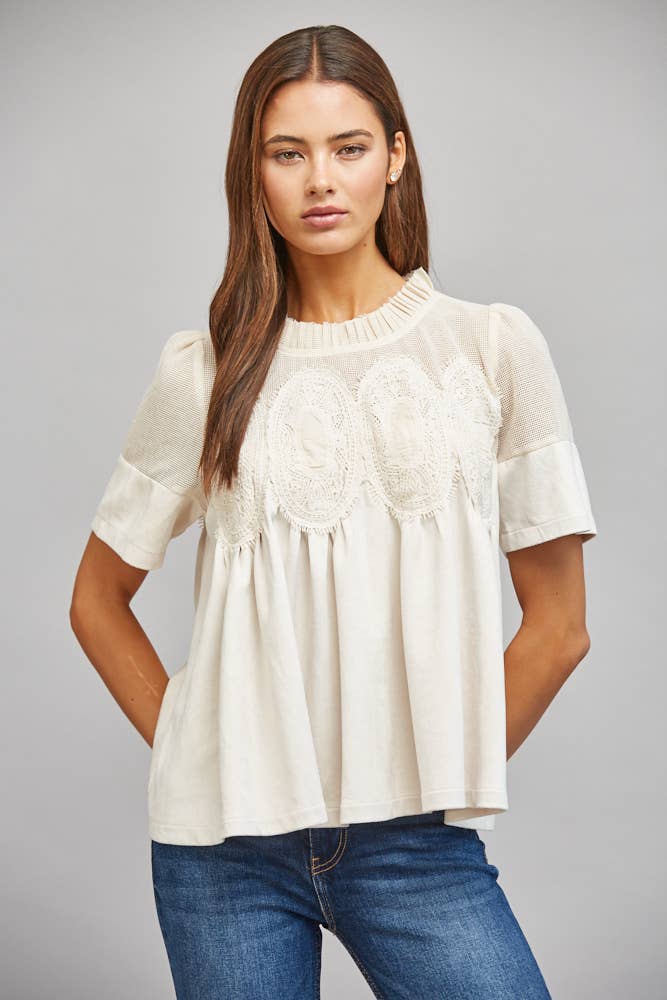 SHEER MESH UPPER PANEL WITH LACE APPLIQUE FAUX SUEDE TOP