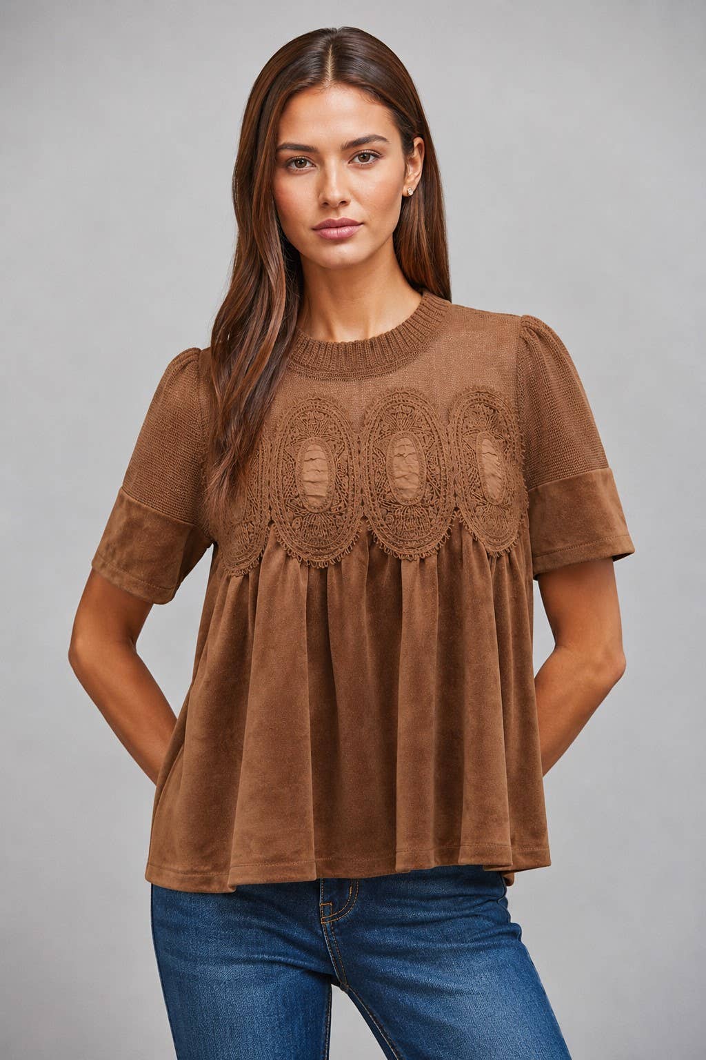 SHEER MESH UPPER PANEL WITH LACE APPLIQUE FAUX SUEDE TOP