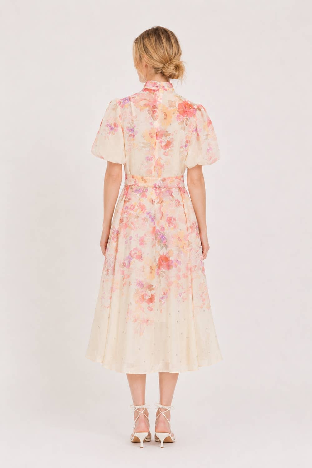 Embellished Floral Puff Sleeve Midi Dress